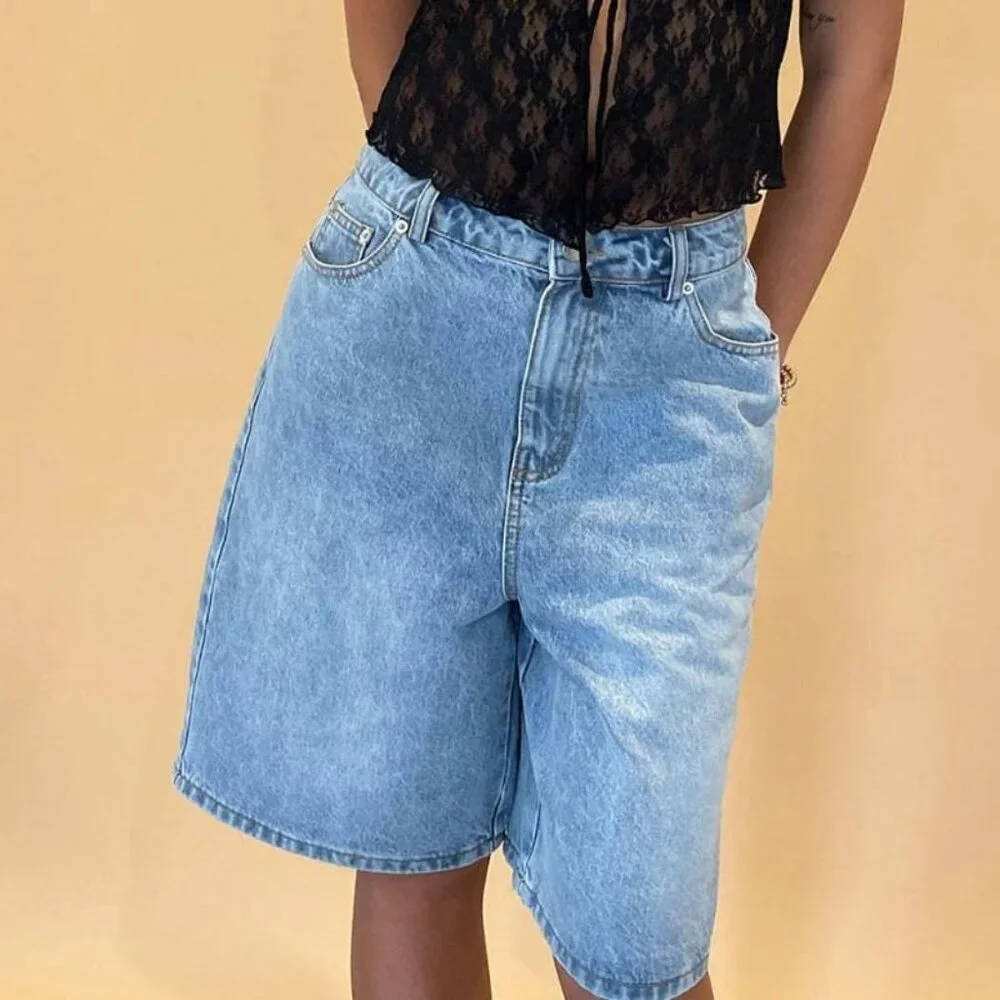 Women Wide Leg Baggy Denim Shorts Summer Vintage High-Rise Loose Fit Bermuda